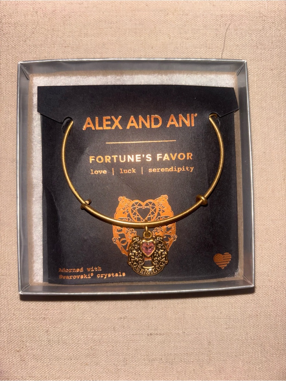 NWT Alex and Ani Fortune's Favor Gold Charm Bangle with Pink Heart
